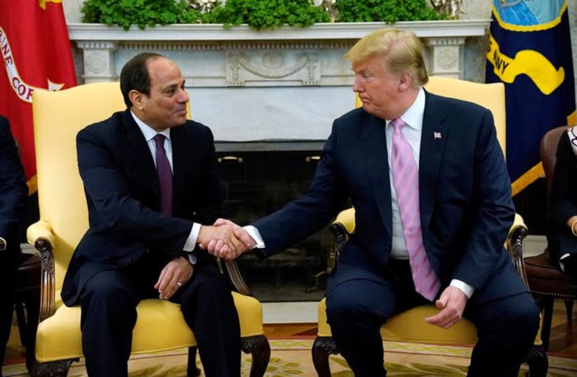 U.S. President Donald Trump meets with Egypt President Abdel Fattah al-Sisi at the White House in Washington, U.S., April 9, 2019 (photo credit: REUTERS/KEVIN LAMARQUE)
