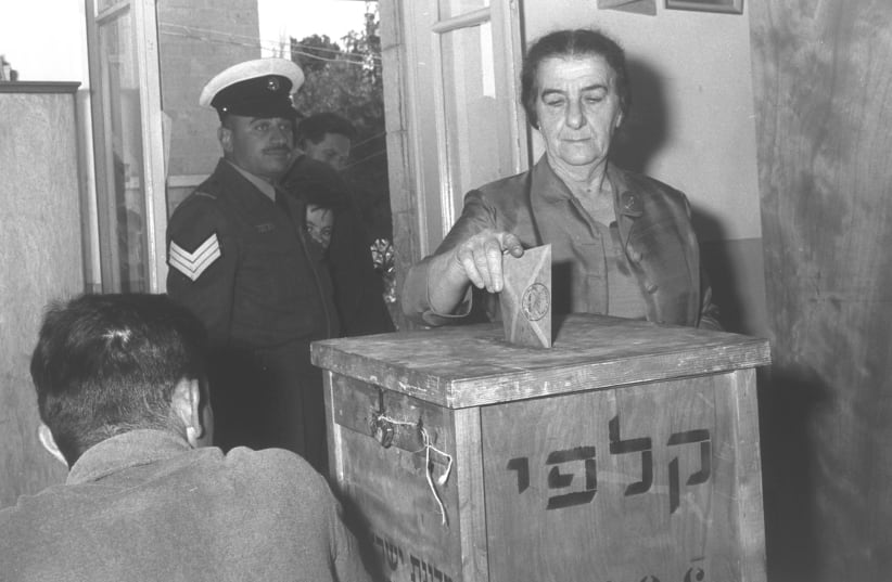 Golda Meir casting her vote in Jerusalem for the 4th Knesset, November 3, 1959 (photo credit: FRITZ COHEN/GPO)
