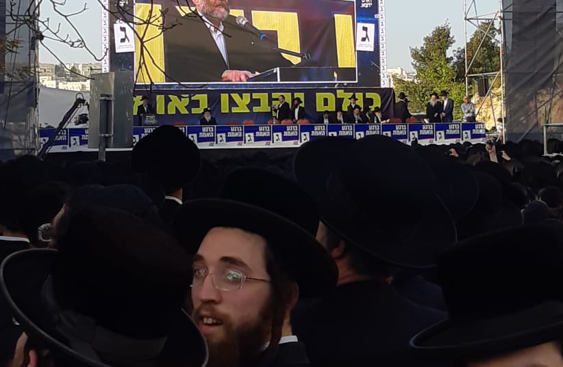 Senior United Torah Judaism MK Moshe Gafni adjured the haredi community on April 8th to go out and vote on election day, at the final haredi election rally of the campaign in Jerusalem (photo credit: JEREMY SHARON)