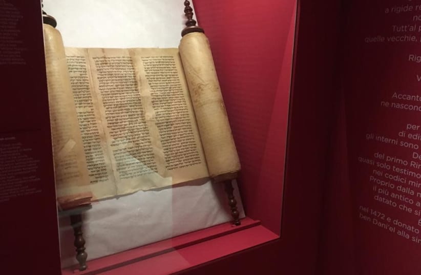 Torah scroll from synagogue of Biella (Piedmont), Museum of Italian Judaism and Holocaust. (photo credit: MUSEUM OF ITALIAN JUDAISM AND THE HOLOCAUST)