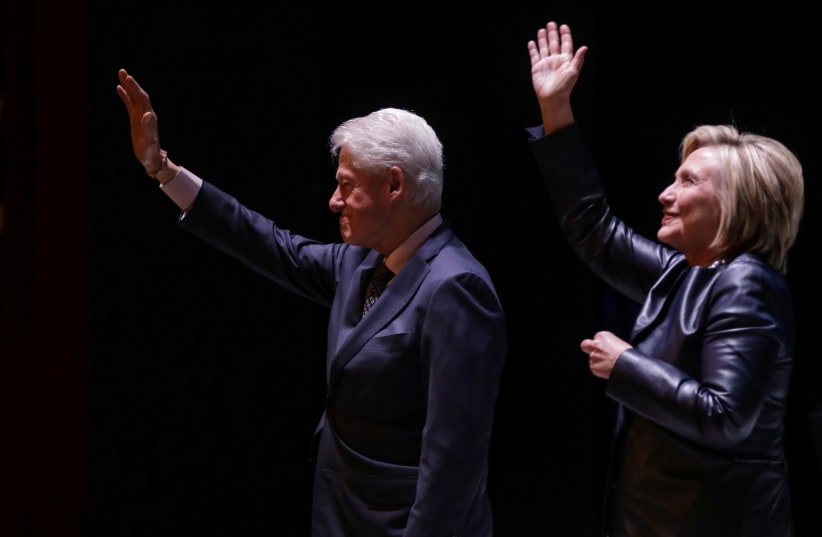 Former Secretary of State Hillary Clinton and former President Bill Clinton, New York, 2019. (photo credit: STEPHEN YANG / REUTERS)