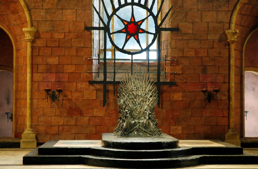 The Iron Throne is seen on the set of the television series Game of Thrones in the Titanic Quarter of Belfast, Northern Ireland, Picture taken June 24, 2014. (photo credit: PHIL NOBLE/REUTERS)