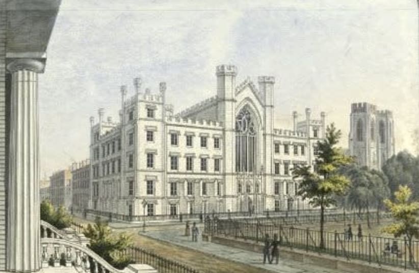 New York, University Bulding and Dutch Reformed Church in Washington Square, 1850 (photo credit: Wikimedia Commons)