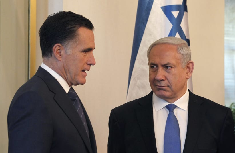 U.S. Republican Mitt Romney (L) meets with Prime Minister Benjamin Netanyahu in Jerusalem, July 29, 2012 (photo credit: JASON REED/REUTERS)