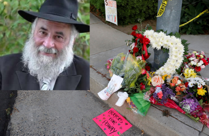 A makeshift memorial a block away from a shooting incident at the Congregation Chabad synagogue in Poway, north of San Diego, California, April 27, 2019. Inset: Rabbi Yisroel Goldstein (Chabad.org))  (photo credit: JOHN GASTALDO/REUTERS)