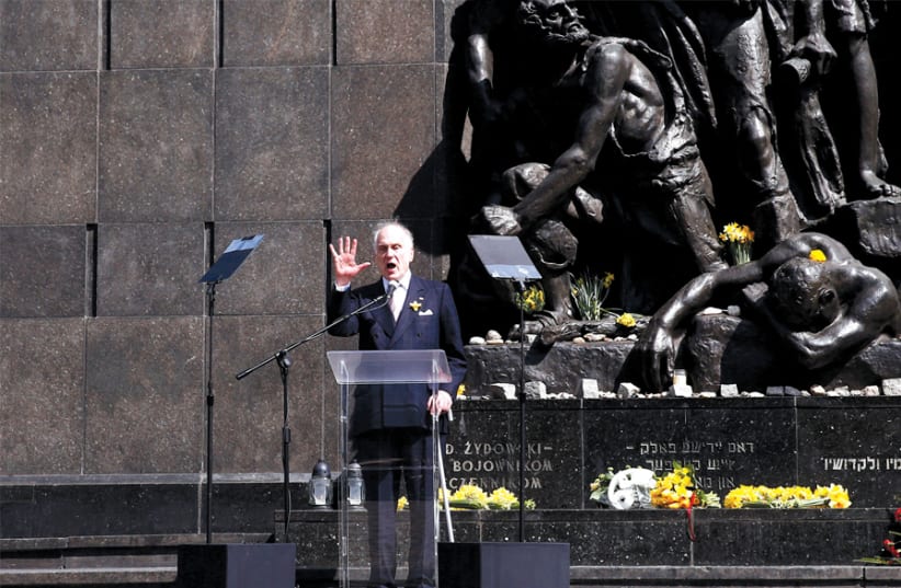 World Jewish Congress President Ronald S. Lauder addresses a ceremony commemorating the 75th anniversary of the Warsaw Ghetto Uprising on April 19, 2018 (photo credit: KACPER PEMPEL / REUTERS)