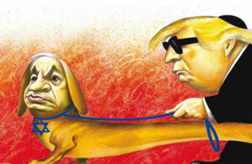 New York Times cartoon depicting Netanyahu as a guide dog with Trump (photo credit: THE NEW YORK TIMES)