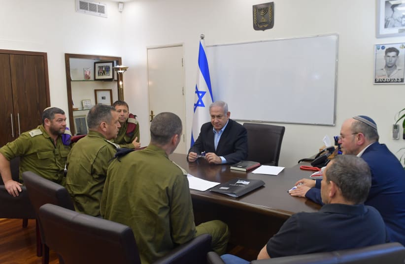Prime Minister Benjamin Netanyahu is holding a consultation at the IDF Headquarters in Tel Aviv with the heads of the defense establishment (photo credit: KOBI GIDEON/GPO)