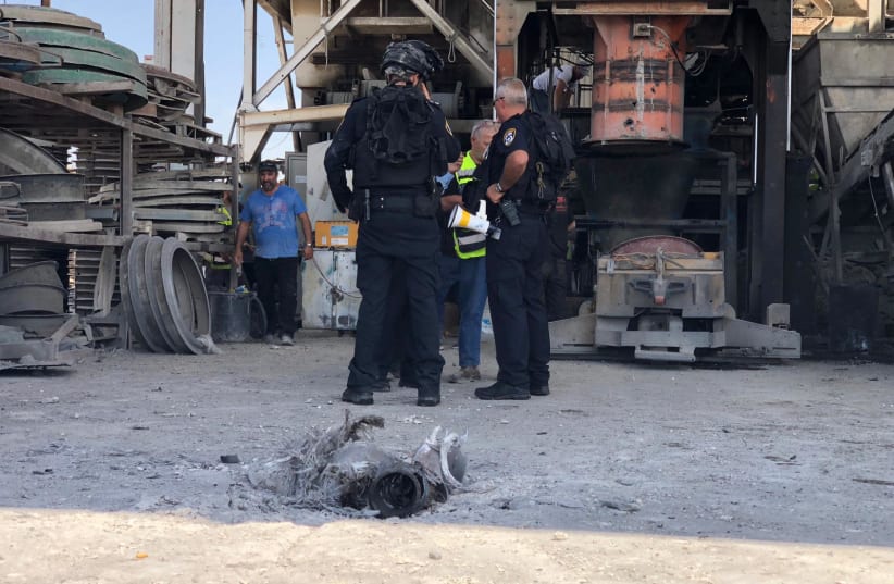 Remnants of the rocket that hit the factory in Ashkelon (photo credit: POLICE SPOKESPERSON'S UNIT)