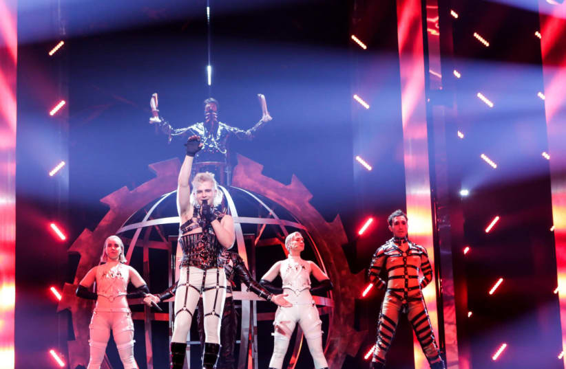 Iceland's Hatari takes the stage in Tel Aviv on Sunday for its first Eurovision rehearsal. (photo credit: THOMAS HANSES/EBU)