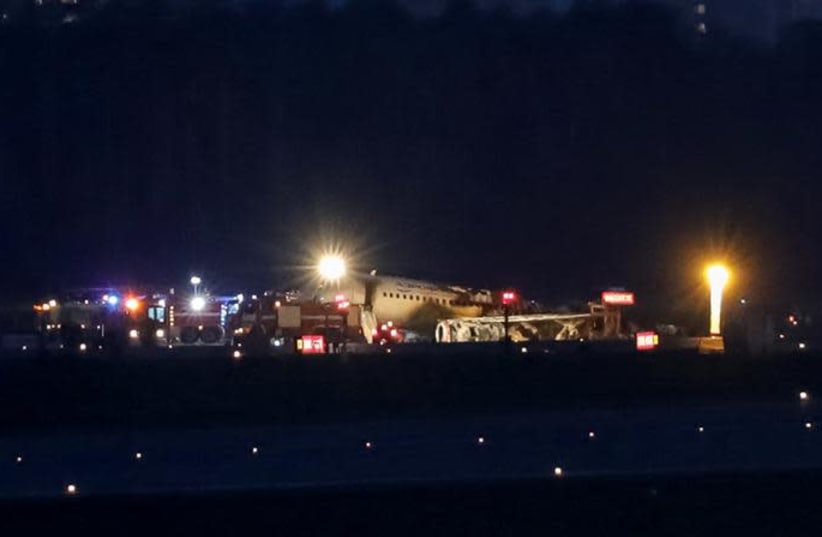 The wreckage of a passenger plane is seen after an emergency landing at the Sheremetyevo Airport outside Moscow, Russia May 5, 2019 (photo credit: REUTERS/TATYANA MAKEYEVA)