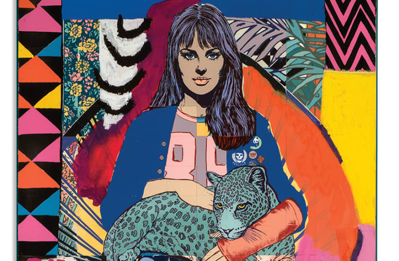 FAILE, GIRL WITH LEOPARD, 2019, Acrylic, Silkscreen Ink, Oil Stick, Spray paint and Fabric on Wood Steel Frame. (photo credit: Courtesy)