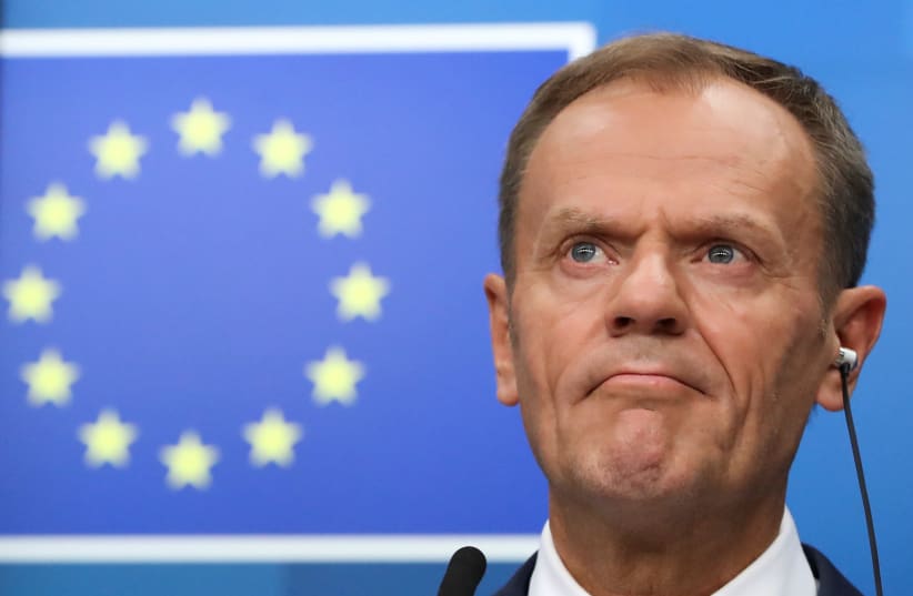 European Council President Donald Tusk holds a news conference after an extraordinary European Union leaders summit to discuss Brexit, in Brussels, Belgium April 11, 2019. (photo credit: YVES HERMAN / REUTERS)