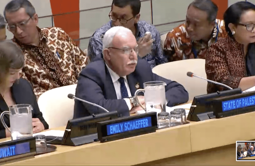 Palestinian Authority Foreign Minister Riyad Maliki addresses the UNSC's Arria-Formula in New York. (photo credit: SCREEN CAPTURE/UN WEB TV)