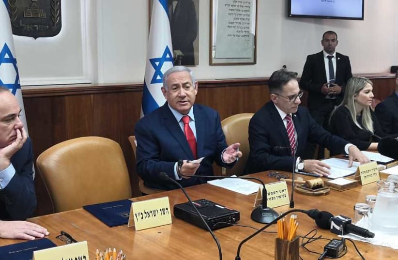 Prime Minister Netanyahu in a cabinet meeting on May 12, 2019, during which he announced the location of a new town, named after President Trump, to be built in the Golan Heights (photo credit: YANIR COZIN / MAARIV)
