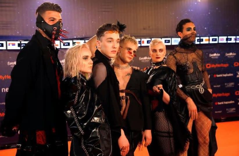 Contestants Hatari of Iceland pose on the "Orange Carpet" during the opening ceremony of the 2019 Eurovision Song Contest in Tel Aviv, Israel May 12, 2019.  (photo credit: AMIR COHEN/REUTERS)