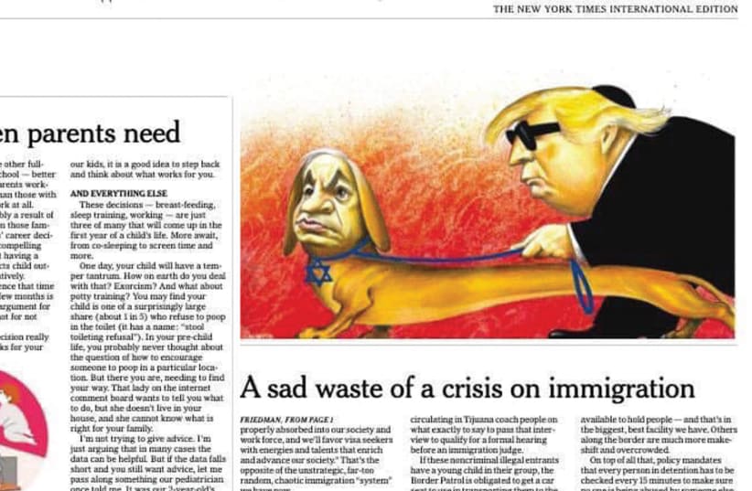 The cartoon in The New York Times International Edition showing a blind US President Donald Trump led by a dog with the face of Prime Minister Benjamin Netanyahu wearing a Star of David on his collar (photo credit: screenshot)