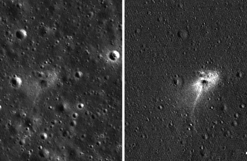 Left: Beresheet impact site. Right: An image processed to highlight changes near the landing site among photos taken before and after the landing (photo credit: NASA/GSFC/ARIZONA STATE UNIVERSITY)