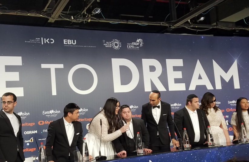 The Shalva Band hold a press conference at the Eurovision on Wednesday. (photo credit: AMY SPIRO)