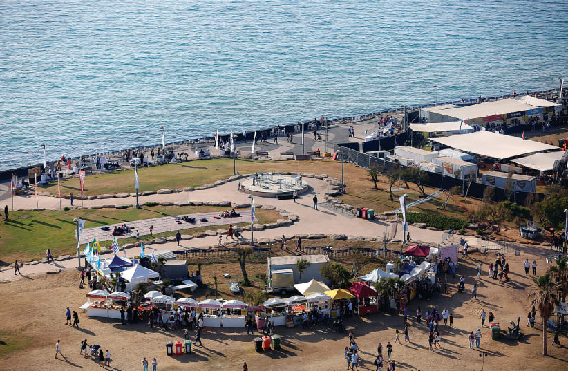 A part of the Eurovision Village in Tel Aviv, an area dedicated for fans of the 2019 Eurovision Song Contest, as seen from above this week. (photo credit: CORINNA KERN/REUTERS)