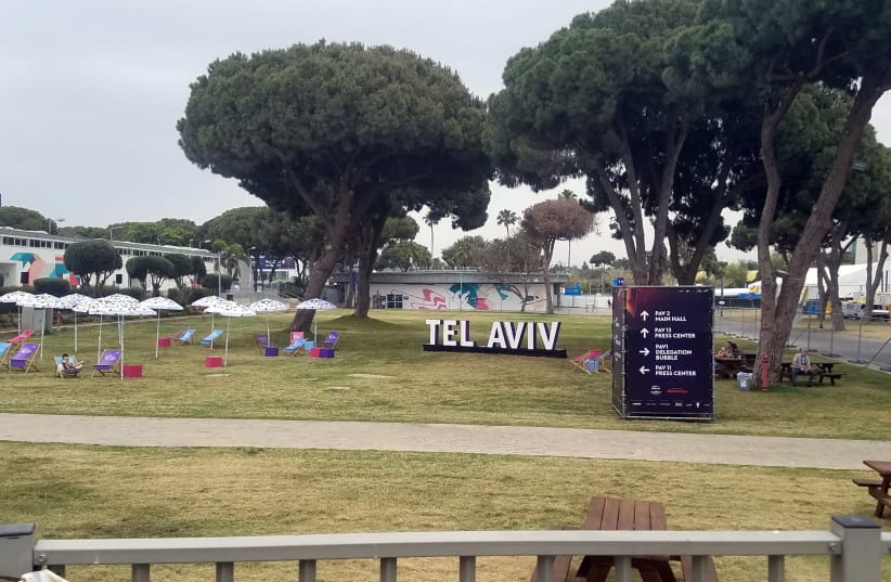 The lawn outside the press center at the Expo Tel Aviv this week.  (photo credit: AMY SPIRO)