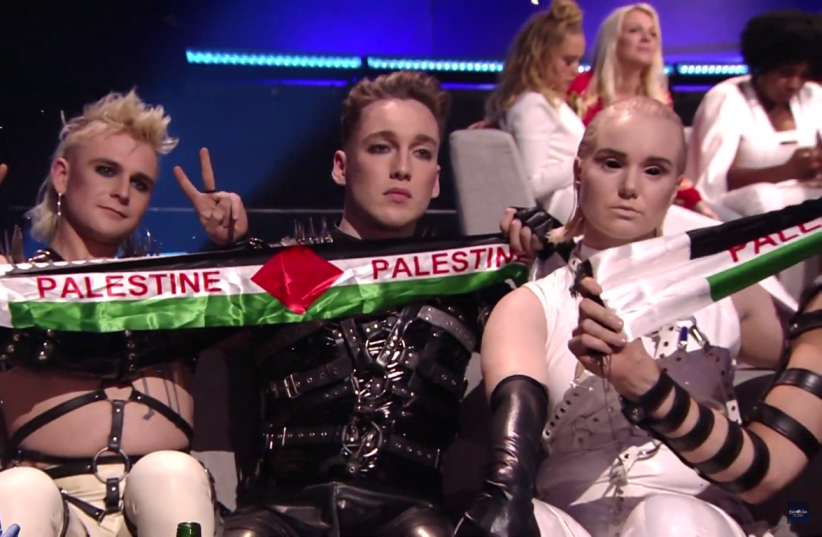 Iceland's Hatari unveils "Palestine" banners on camera whilst receiving their score, Eurovision 2019 (photo credit: SCREENSHOT/KAN)