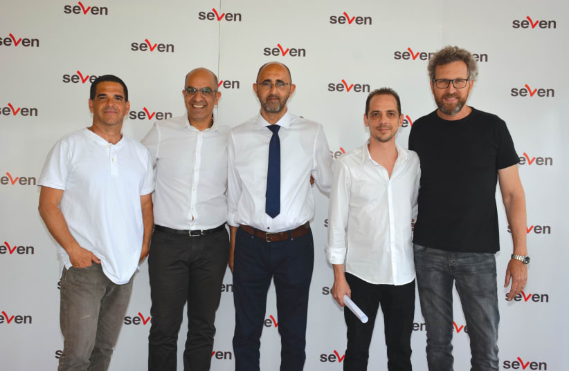 YOAV KAPLAN (from left), Benny Halif, Wissam Khavaish, Itay Storch and Ran Steinman at SEVEN’s Ramadan Karim event in Umm el-Fahm. (photo credit: SAMAR ABBASI)