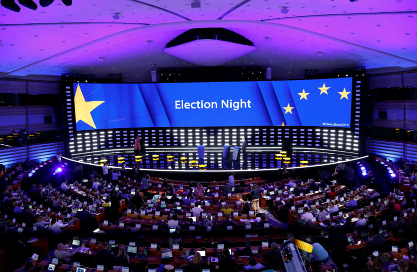 A general view of the Plenary Hall during the election night for European elections at the European Parliament in Brussels, Belgium, May 27, 2019 (photo credit: FRANCOIS LENOIR / REUTERS)