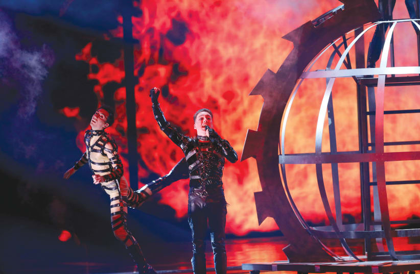 ICELAND’S HATARI sings ‘Hate Will Prevail’ at the Eurovision Song Contest in Tel Aviv earlier this month.  (photo credit: REUTERS)