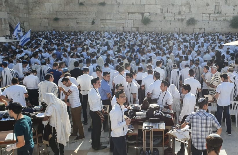 Thousands flock to the Western Wall in a festive morning prayer to mark Jerusalem Day (photo credit: NERIA FEUCHTWANGER/TPS)