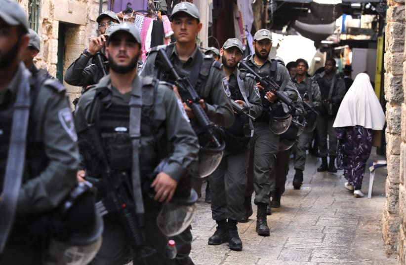 Israeli police patrol in the Old City during Jerusalem Day, 2019 (photo credit: MARC ISRAEL SELLEM/THE JERUSALEM POST)