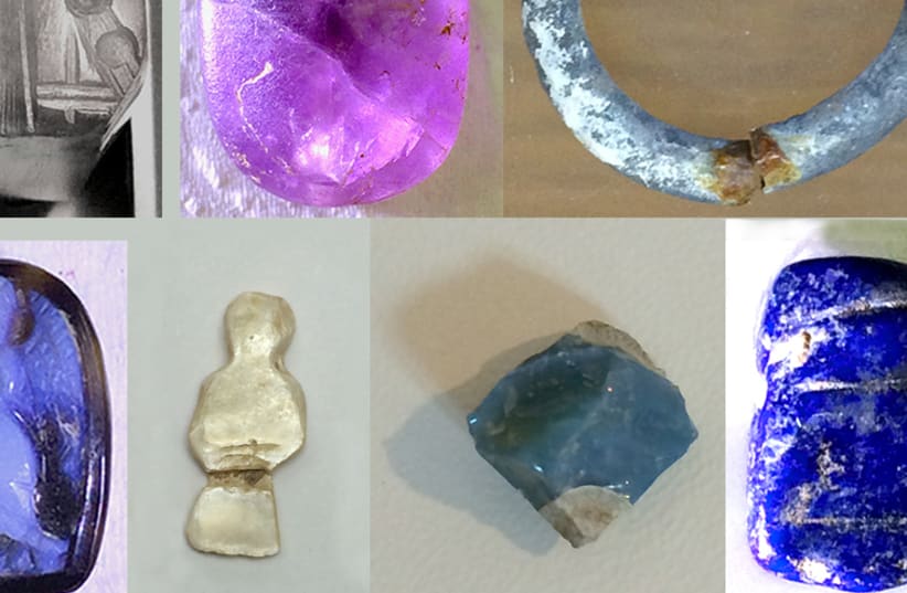 A selection of stones of various types, including talc, amethyst, serpentine, chalcedony, lapis lazuli, opal, chrysocolla and more from different periods and different sites (photo credit: BAR ILAN UNIVERSITY)