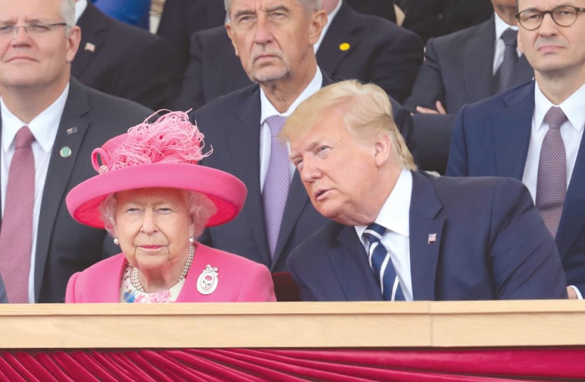 QUEEN ELIZABETH II and US President Donald Trump participate in an event to commemorate the 75th anniversary of D-Day, in Portsmouth, Britain, Wednesday. (photo credit: REUTERS/CHRIS JACKSON)