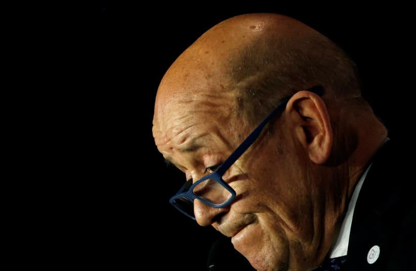 French Foreign Minister Jean-Yves Le Drian attends a news conference during the Foreign ministers of G7 nations meeting in Dinard, France, April 6, 2019. (photo credit: STEPHANE MAHE / REUTERS)