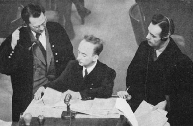 Attorneys Bergold and Aschenauer with Prosecutor Ferencz at the Einsatzgruppen Trial (photo credit: WIKIMEDIA)