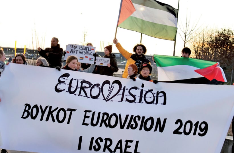 Demonstrators in Herning, Denmark, on February 23 call for Denmark to withdraw from the Eurovision Song Contest because it was being hosted in Israel (photo credit: HENNING BAGGER / RITZAU SCANPIX / REUTERS)