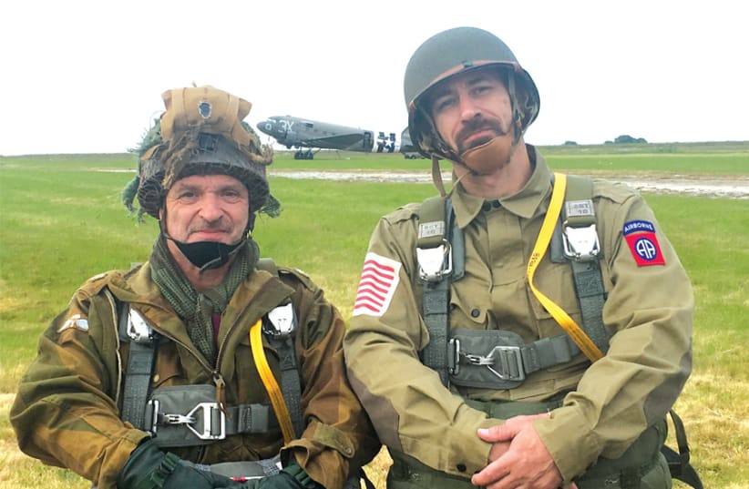 ‘DRAG EM Oot’: The writer and brother-in-law Jason Gibbs ready to board the C-47 on June 5. (photo credit: MARK GRANAT)