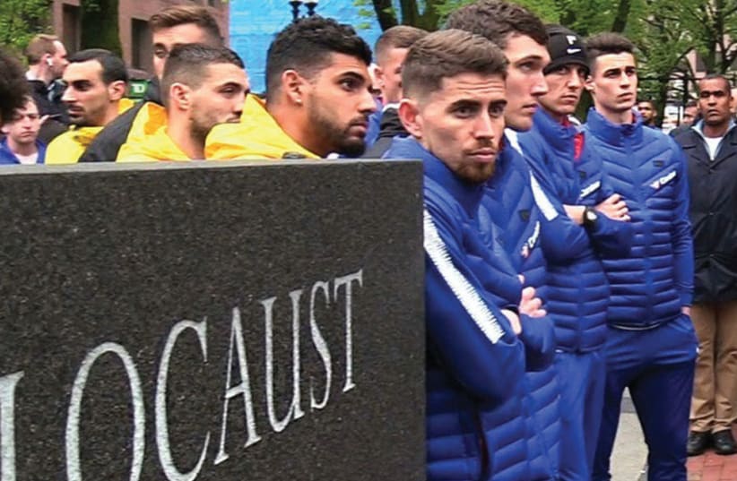 THE CHELSEA FOOTBALL Club visits the Holocaust Memorial in downtown Boston last month. (photo credit: Courtesy)
