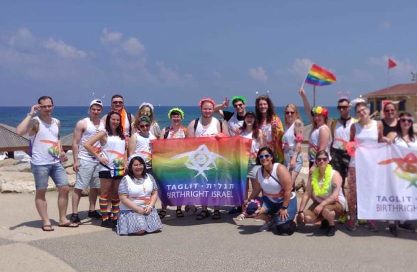 A  LGBTQ Birthright Israel group ready for the Pride Parade in Tel Aviv (photo credit: BIRTHRIGHT ISRAEL)
