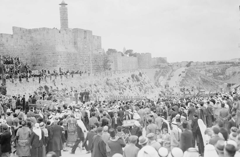 RECRUITS BELOW the Jerusalem Citadel listen to speeches by British Colonial administrator Edward Keith-Roach, the mayor and district officer, on April 25, 1941. (photo credit: MATSON PHOTOGRAPH COLLECTION. LIBRARY OF CONGRESS)