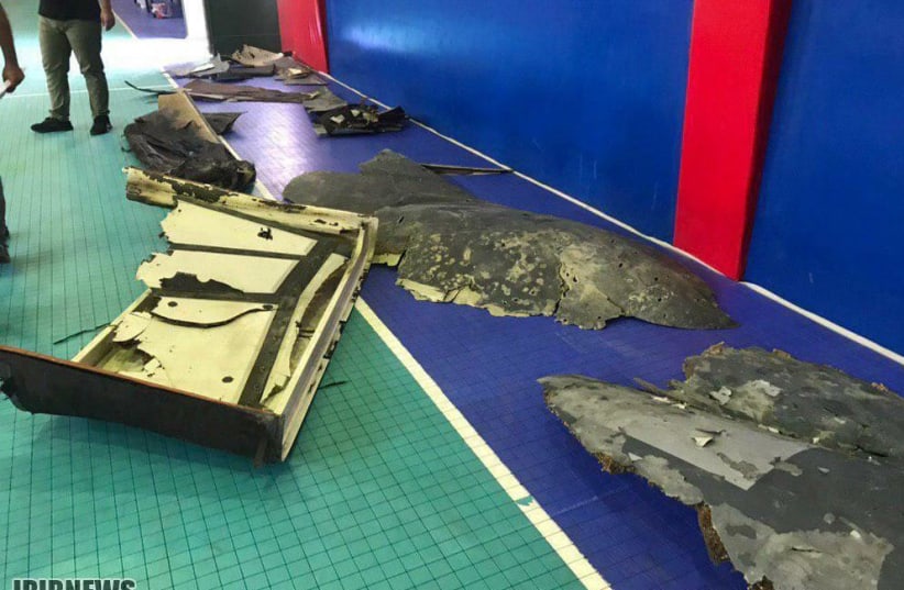 Fragments of the American drone that was shot down by Iran in the Straits of Hormuz (photo credit: Courtesy)