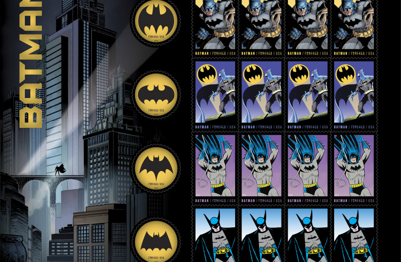 U.S. Postal Service stamps honoring the 75th anniversary of DC Comics' Batman character are seen in an undated handout image released by the U.S. Postal Service. The first-day-of-issue dedication ceremony for the Limited Edition Forever Batman Stamp Collection Set will take place in New York City (photo credit: REUTERS)