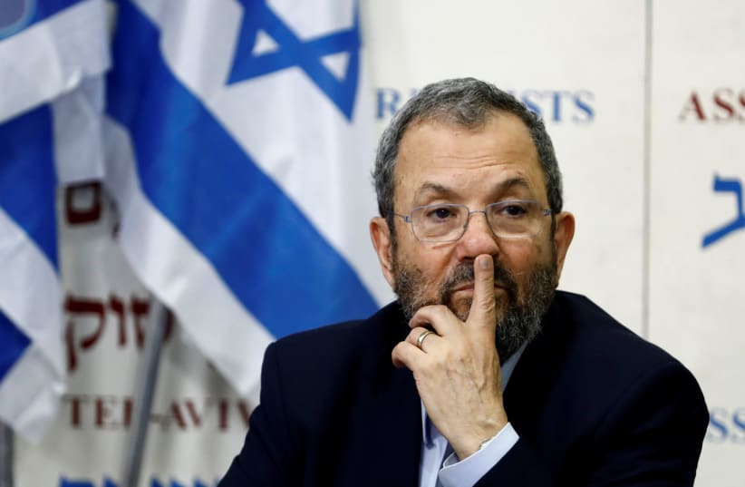 Former Israeli Prime Minister Ehud Barak gestures after delivering a statement in Tel Aviv, Israel June 26, 2019 (photo credit: CORINNA KERN/REUTERS)