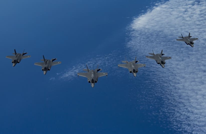 US Air Force F-35A Lightning IIs, center, lead a formation of IAF F-35I, right, and Royal Air Force F-35B, left, during Exercise Tri-Lightning over the Mediterranean Sea, June 25, 2019 (photo credit: US AIR FORCE/STAFF SGT. KEIFER BOWES)