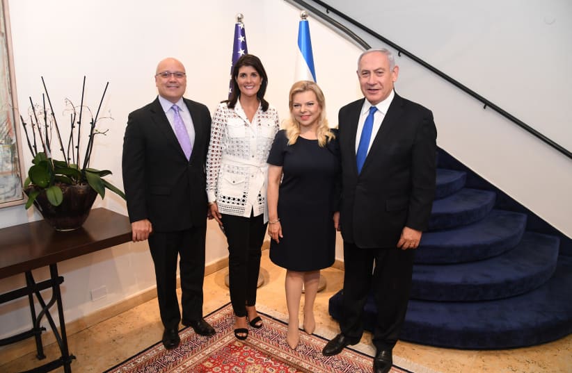 Prime Minister Benjamin Netanyahu, his wife Sara, former US ambassador to the UN Nikki Haley and her husband, Michael, at the Prime Minister's Residence, June 27, 2019 (photo credit: HAIM ZACH/GPO)