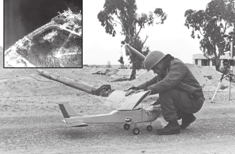 A REMOTE-CONTROLLED airplane is readied for its first flight over the Suez Canal in 1969, during which it took photographs of the Egyptian side of the waterway (inset) (photo credit: SHABTAI BRILL)