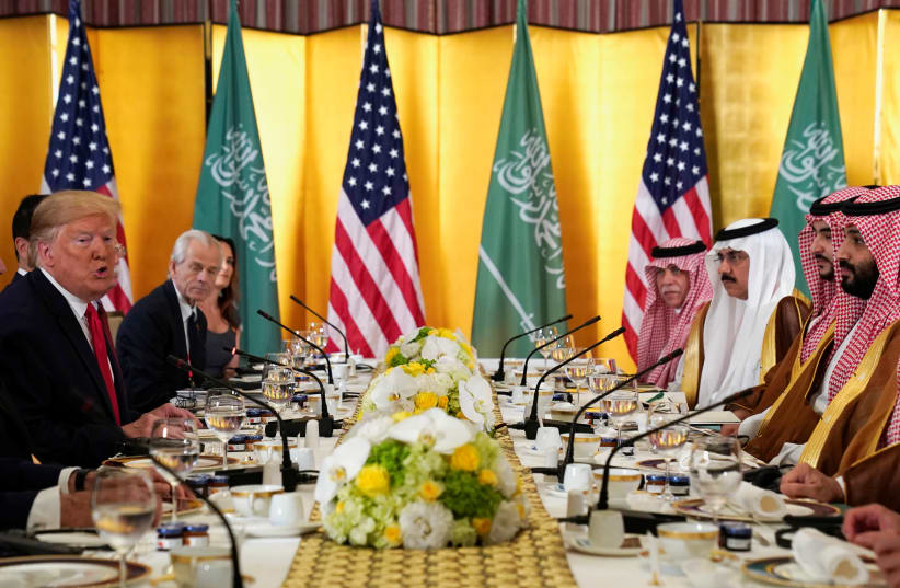 U.S. President Donald Trump speaks during a working breakfast meeting with Saudi Arabia's Crown Prince Mohammed bin Salman during the G20 leaders summit in Osaka, Japan, June 29, 2019. (photo credit: KEVIN LAMARQUE/REUTERS)