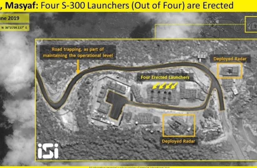 Satellite images released by Israeli intelligence firm ImageSat Intl. (ISI) on Sunday show the complete deployment of all four Russian-made S-300 missile defense systems in Syria’s Masyaf province. (photo credit: IMAGESAT INTERNATIONAL (ISI))