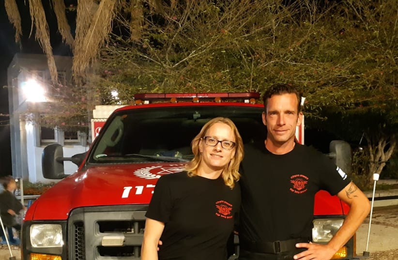 Mirjam and Raymond Reijnen from the Netherlands are part of the Nahal Oz volunteer fire force created to fight the Gaza fires. (photo credit: Courtesy)