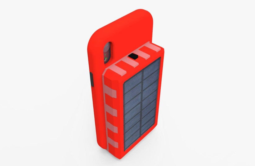 A mock up of the solar-powered battery charging phone case (photo credit: Courtesy)